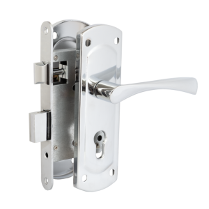 Замок врезной FERRE 1423 CP межос.58,5мм, бексет 55мм, без цилин.,хром, в комплекте с ручкой