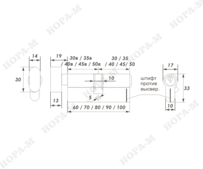 Цилиндр.мех-зм ЛУВ-60 (30*30) хром англ.кл.  НОРА