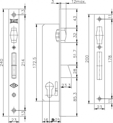 Корпус замка KALE 255 (25мм) w/b б/мех. б/руч.н_2