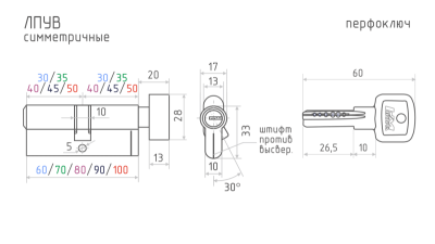 Цилиндр.мех-зм ЛПУВ-90 (50*40В) латунь перф.кл.  НОРА 2