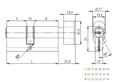 Цилиндр.мех-зм с вертушкой R602/80 mm (30+10+40) CP хром 5 кл._2