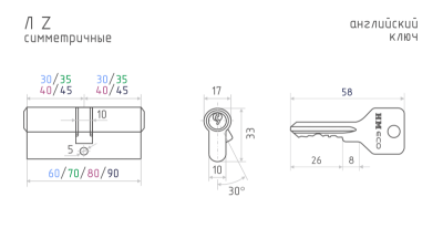 Цилиндр.мех-м ЕСО Z Л-60 (30-30) кл/кл (латунь) НОРА 2