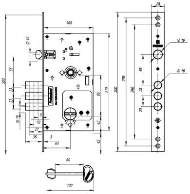 Замок врезной FUARO V25/S-60.85.3R16 4 ключа сувальдный с защелкой аналог: ЗВ 252/RL KALE