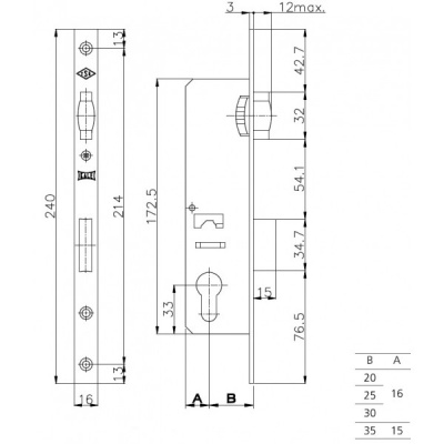 Корпус замка KALE 155 (25mm) w/b (никель) врезной цил.узкопроф._2